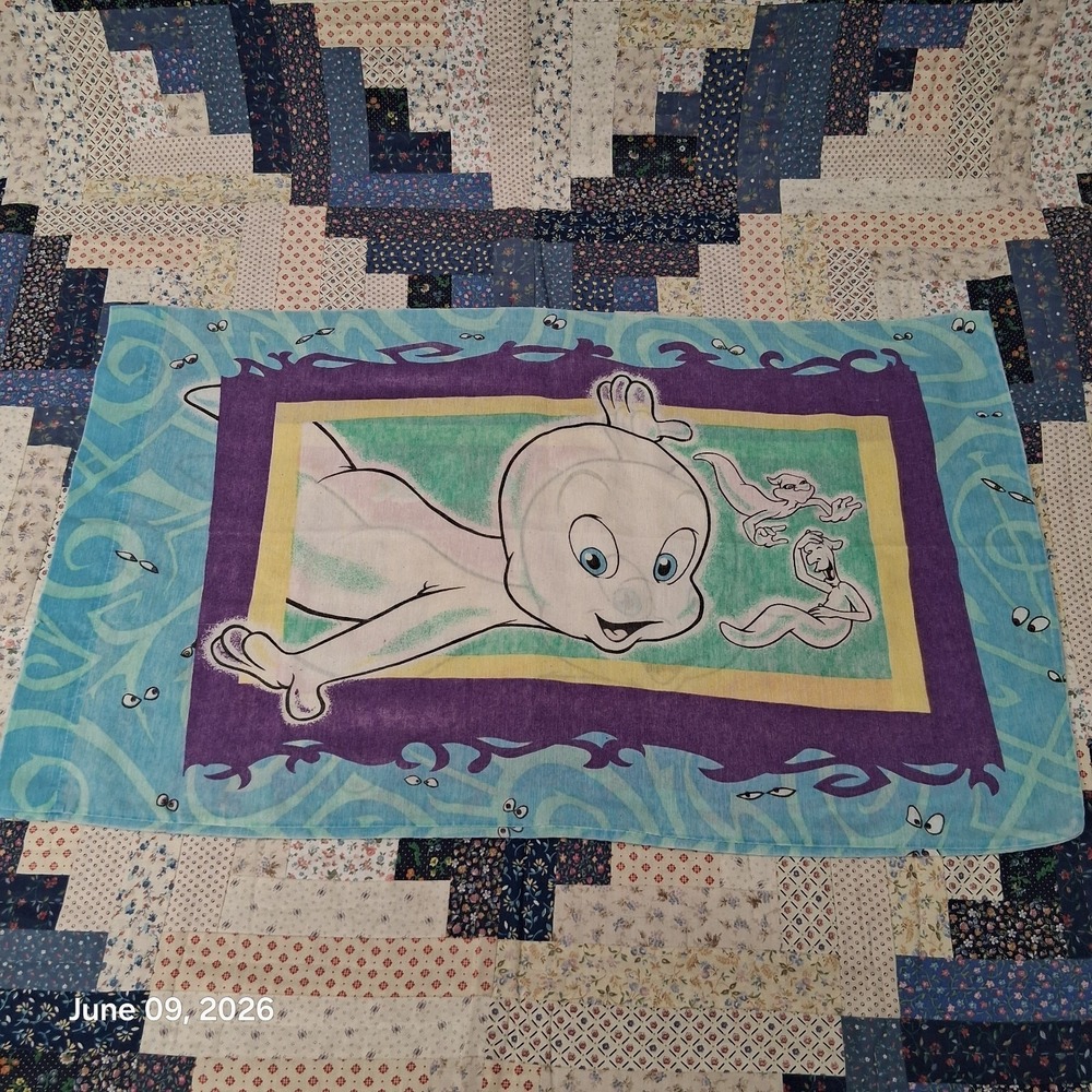 Vintage 1995 Casper the Friendly Ghost Pillow Case Blue Double Sided 30 x 18
